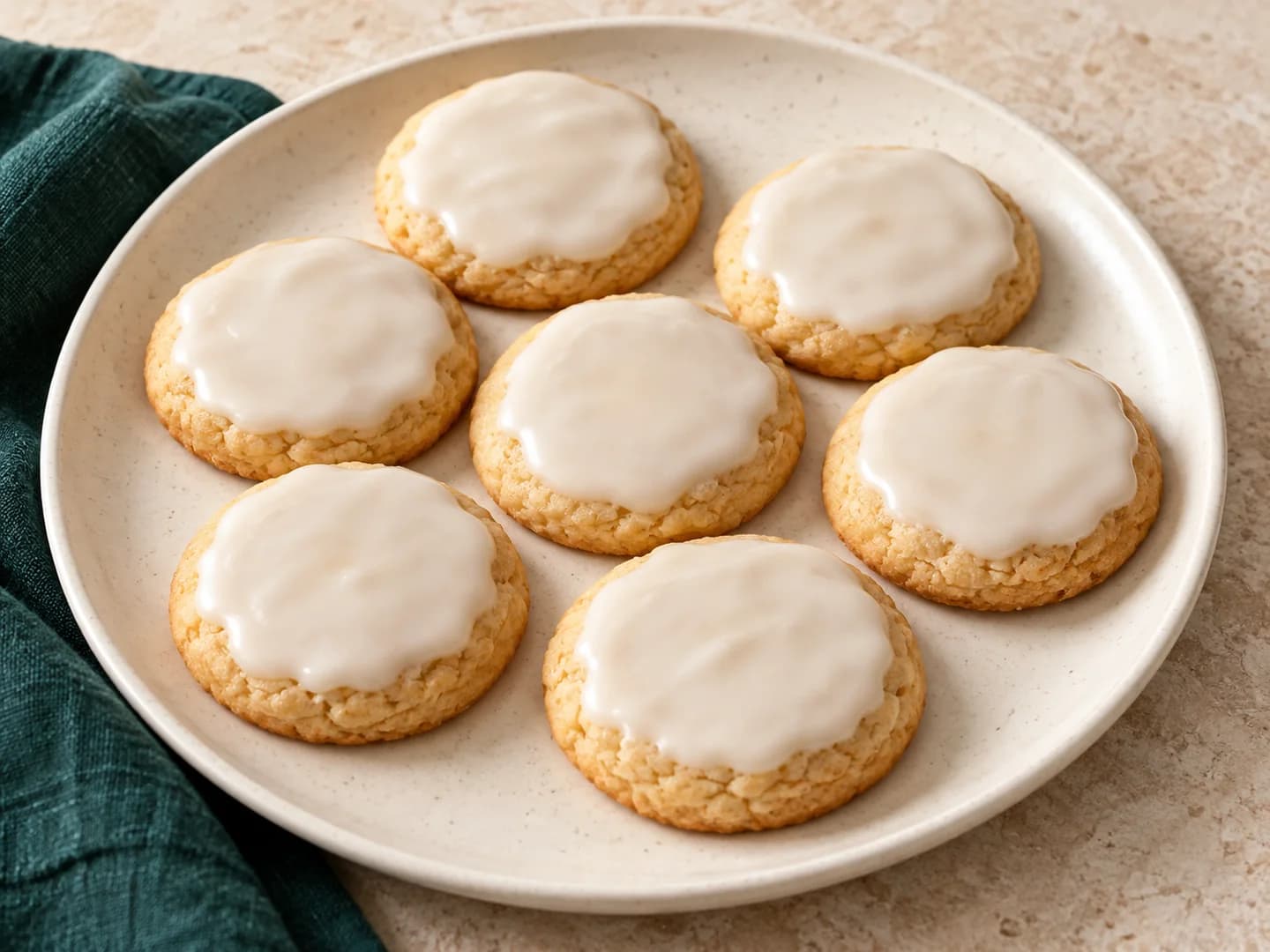Easy almond cookies finished with a simple almond icing, styled with warm cream ceramic and deep-green tableware.