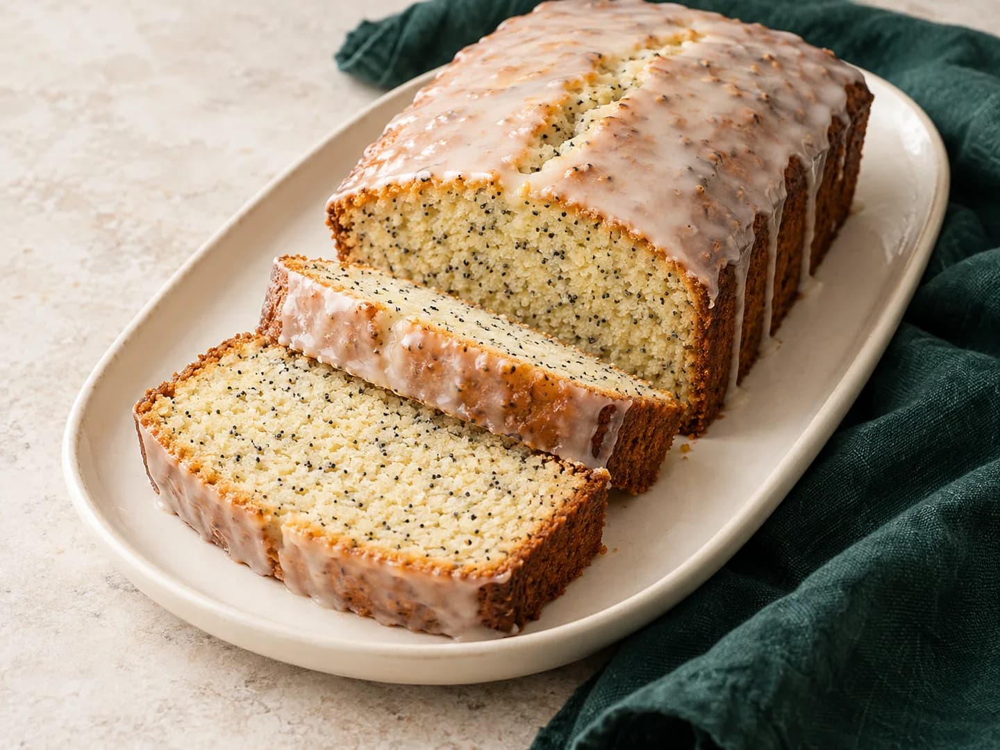 An almond poppyseed loaf with a simple almond icing, styled with warm cream ceramic and deep-green tableware.