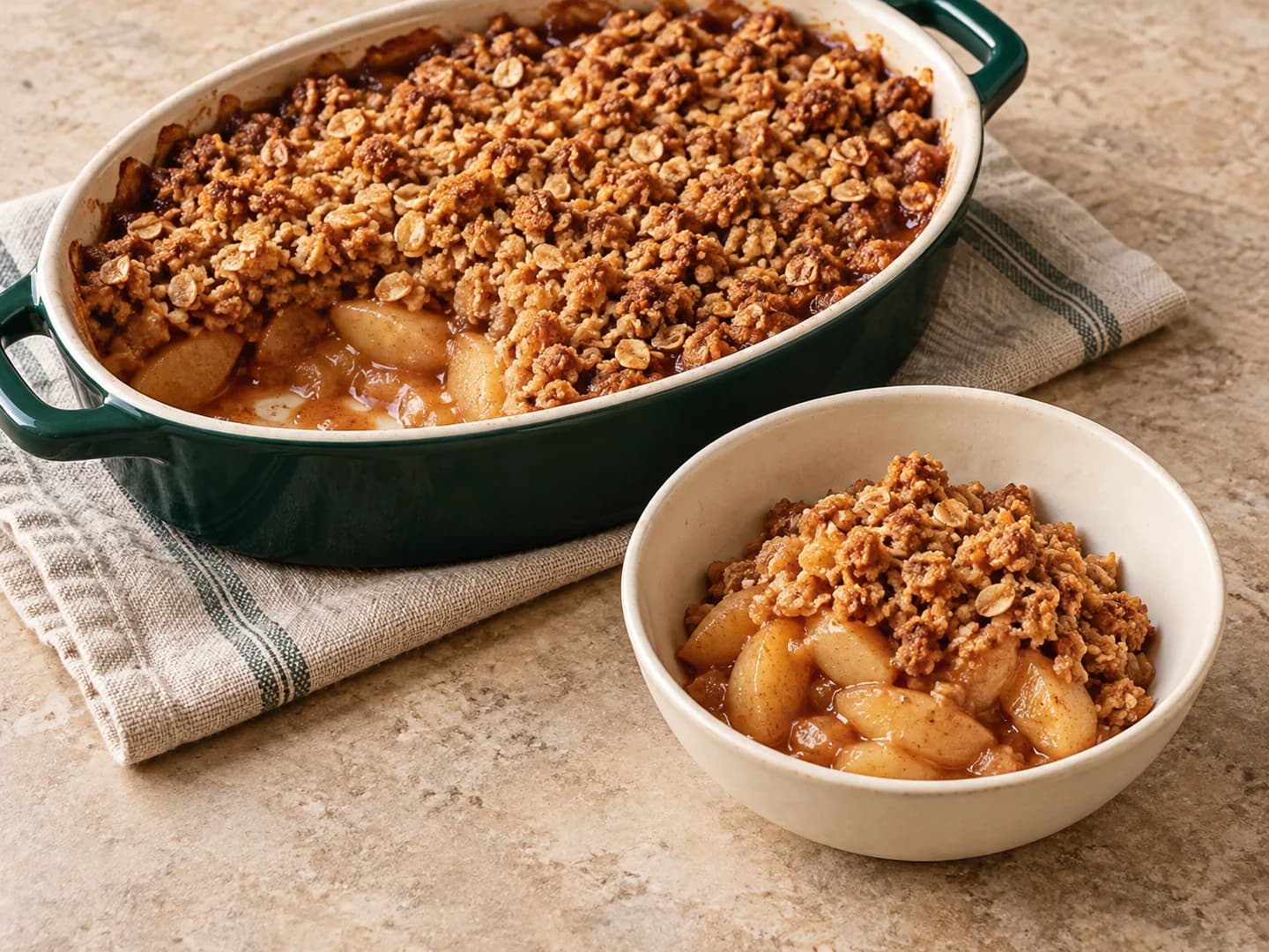 Baked apple crisp with an oat and brown-sugar topping, styled with warm cream ceramic and deep-green tableware.