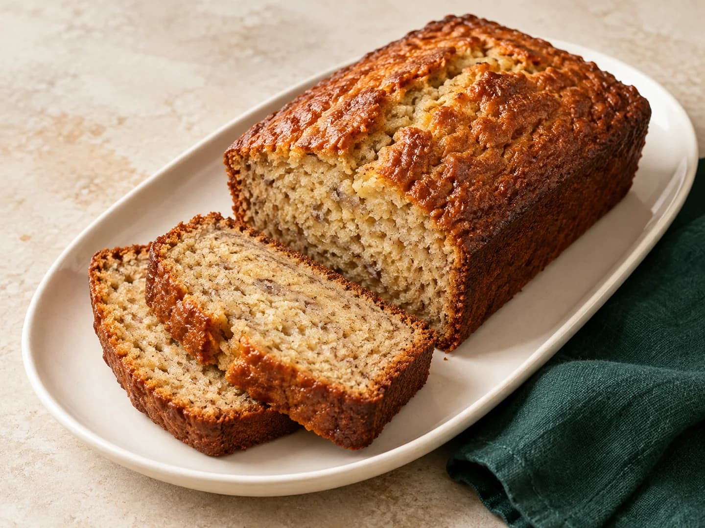 A simple two-loaf banana bread made with ripe bananas, styled with warm cream ceramic and deep-green tableware.