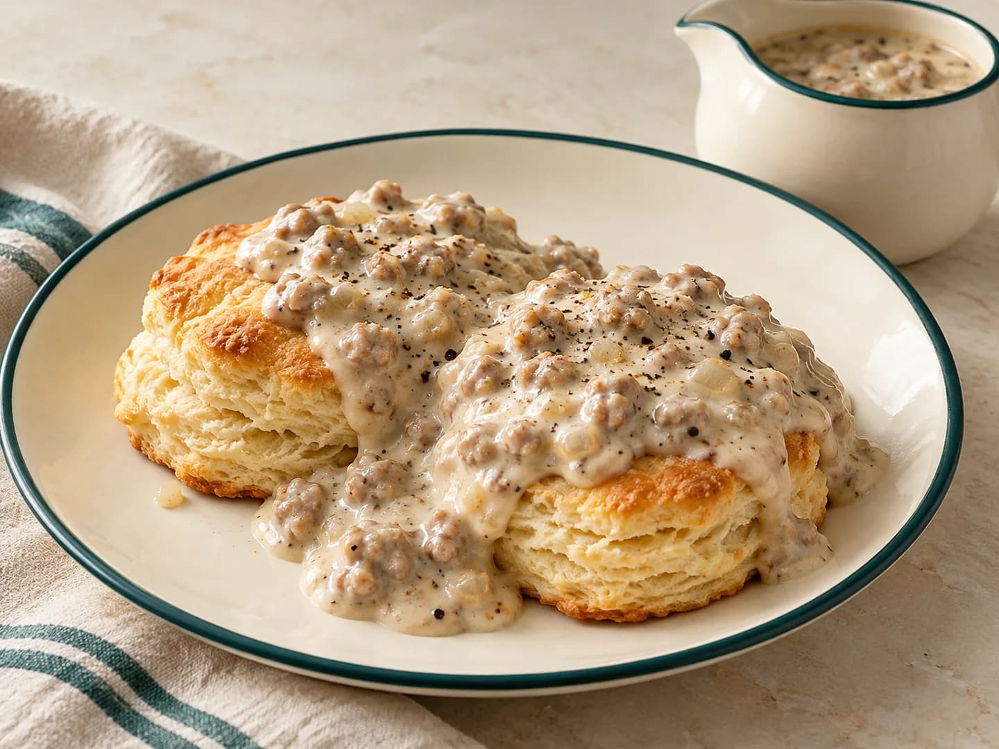 Homemade biscuits served with sausage gravy, styled with warm cream ceramic and deep-green tableware.