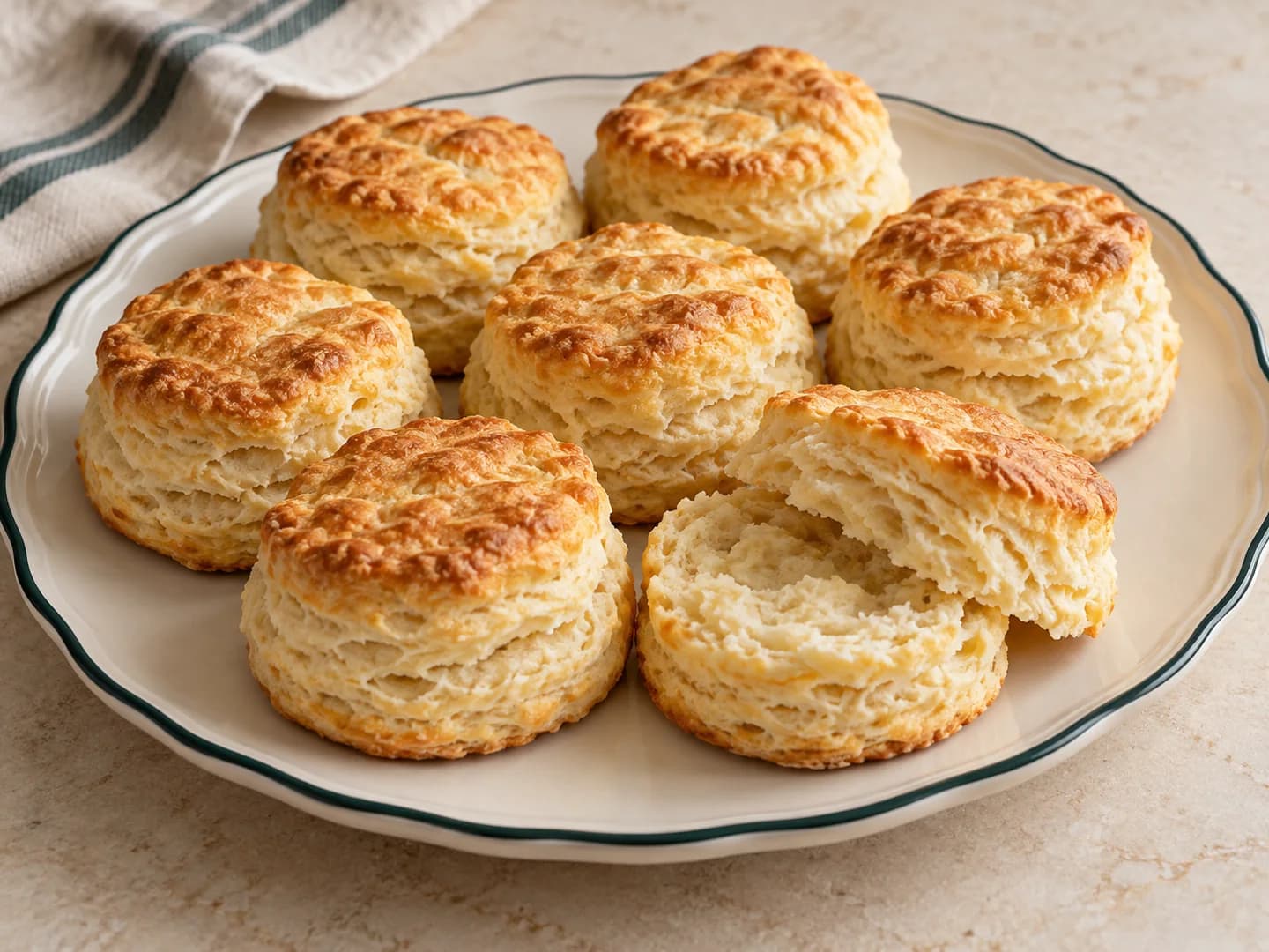 Tall, flaky homemade biscuits served on a warm cream ceramic platter with a deep-green rim.
