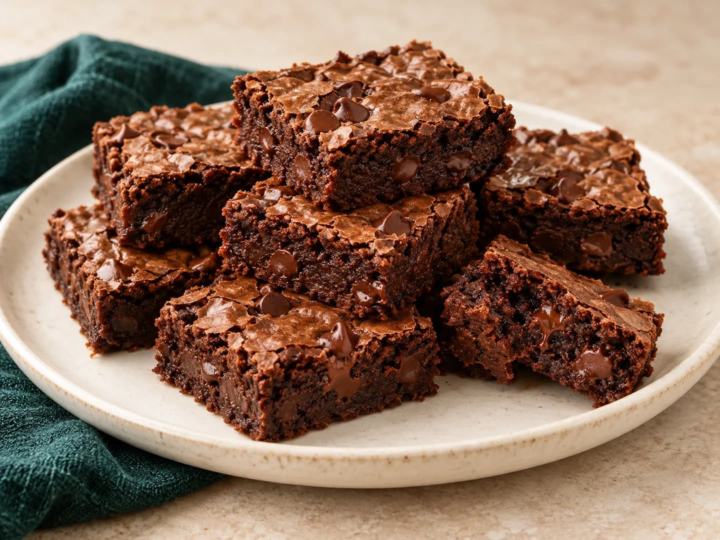 Chocolate-chip brownies made with cocoa powder, styled with warm cream ceramic and deep-green tableware.