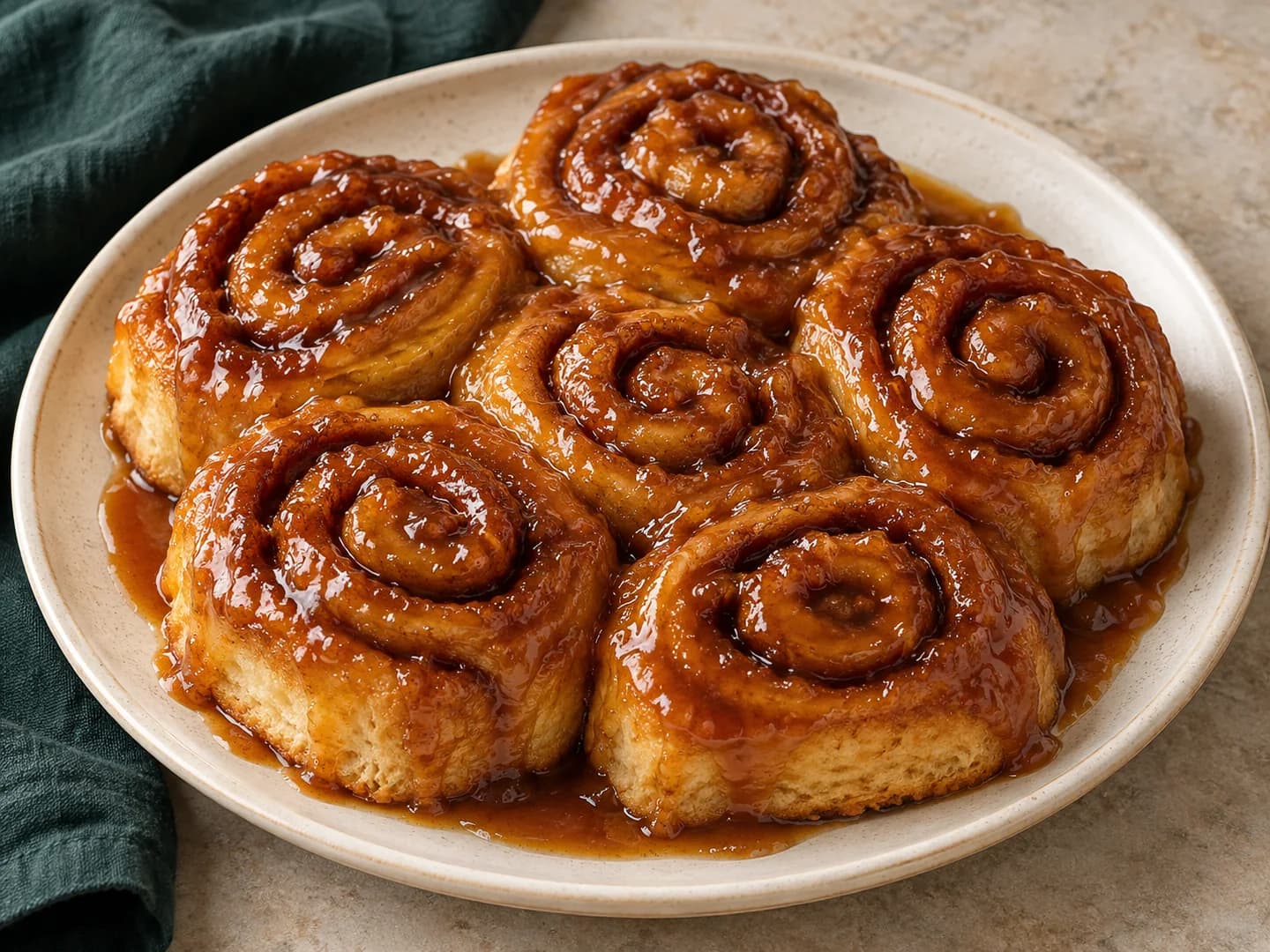 Cinnamon rolls baked over a brown-sugar caramel base, styled with warm cream ceramic and deep-green tableware.