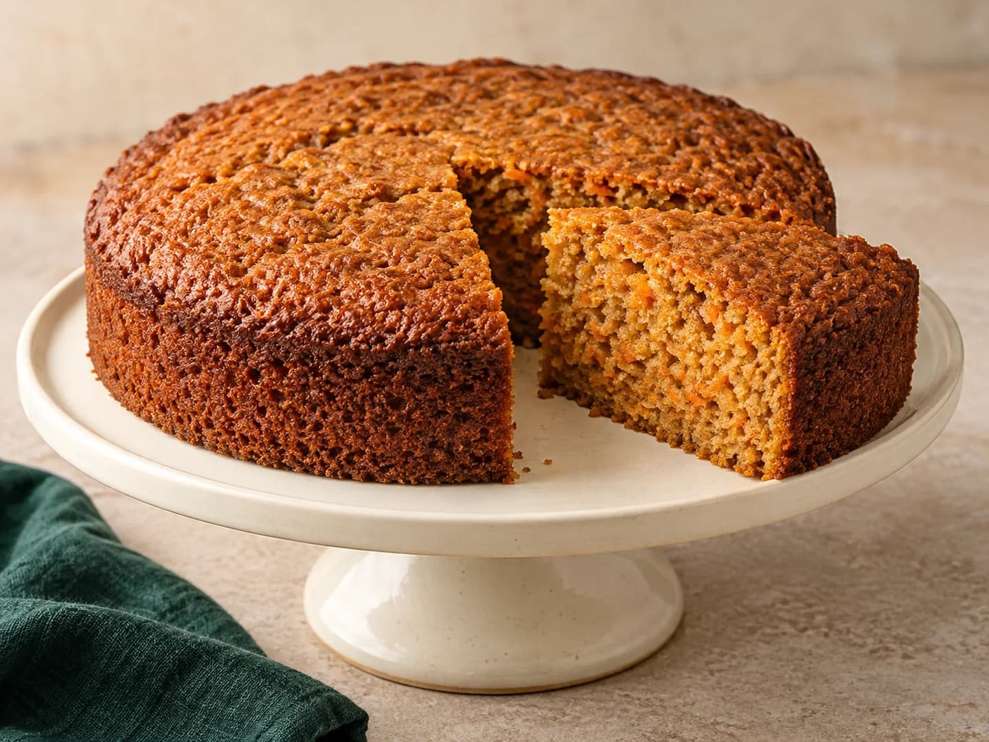 A cinnamon-spiced carrot cake with optional raisins and pecans, styled with warm cream ceramic and deep-green tableware.