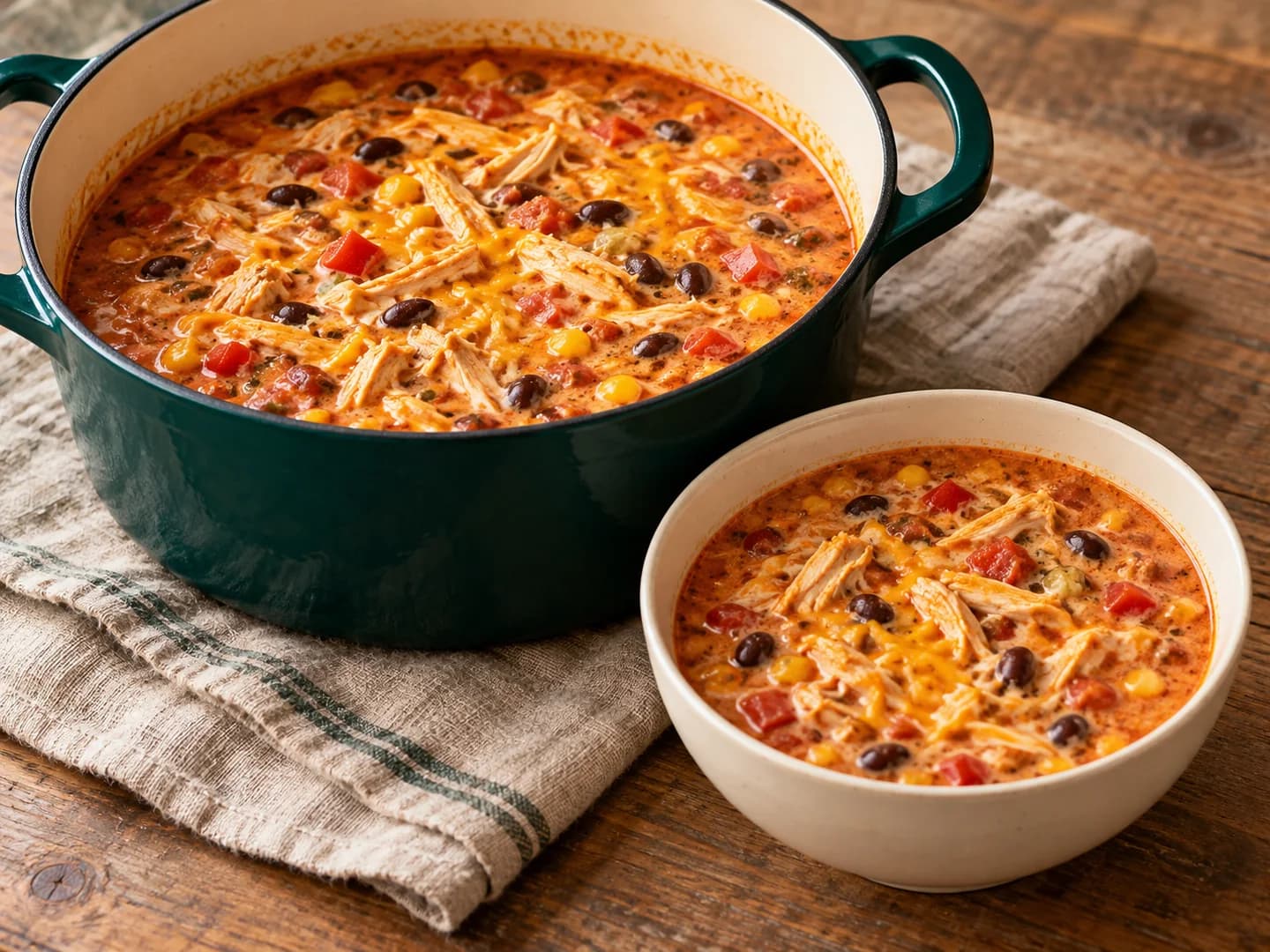 Creamy chicken enchilada soup with beans, corn, and cheddar cheese, styled with warm cream ceramic and deep-green tableware.