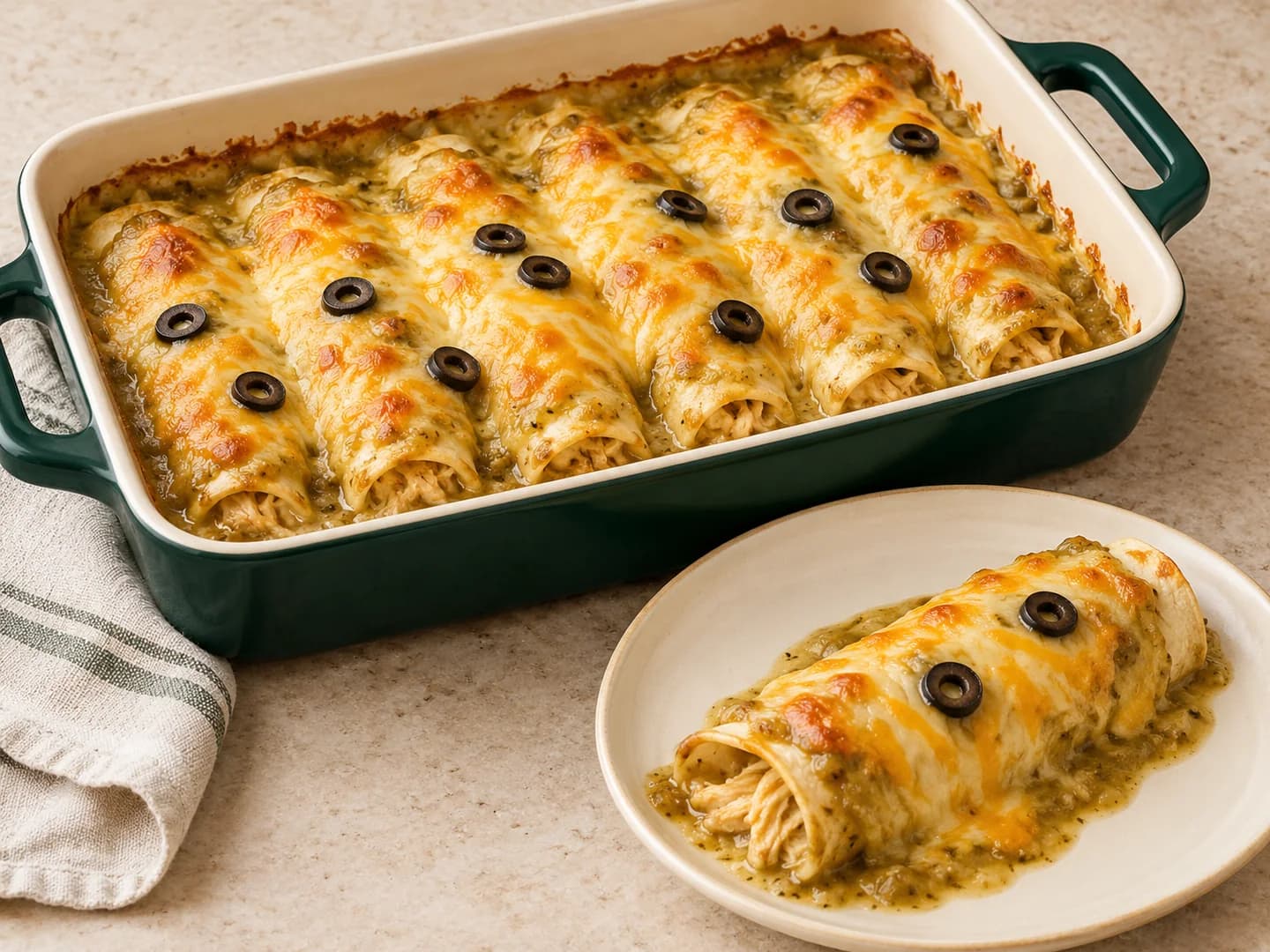 Green-chile chicken enchiladas with nacho cheese and shredded cheese, styled with warm cream ceramic and deep-green tableware.