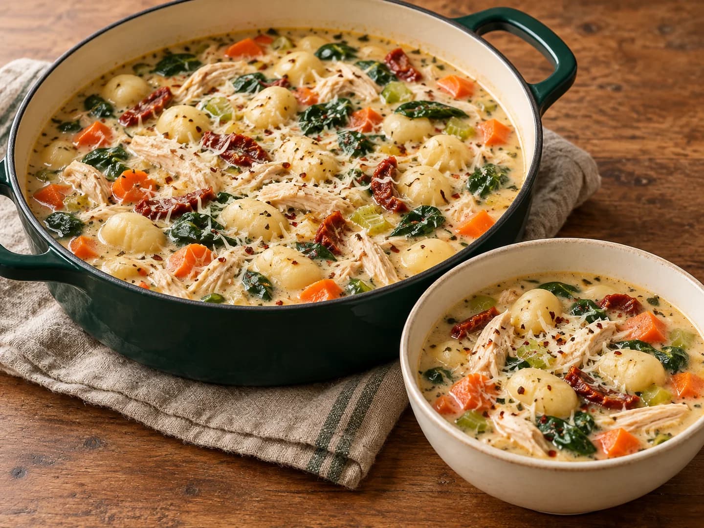 Creamy chicken gnocchi soup with sun-dried tomatoes, vegetables, and spinach, styled with warm cream ceramic and deep-green tableware.