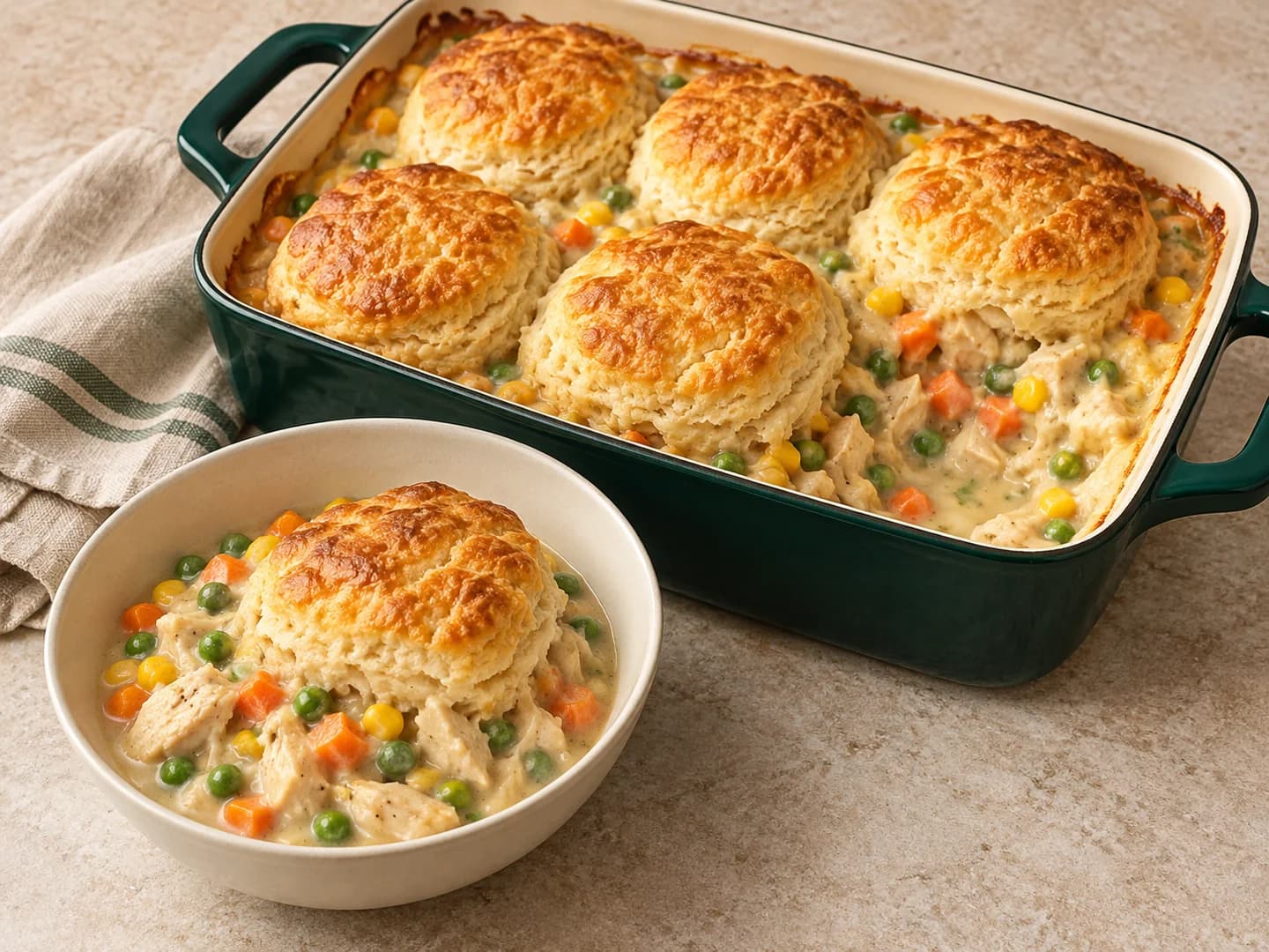 A biscuit-topped chicken pot pie casserole with peas and carrots, styled with warm cream ceramic and deep-green tableware.