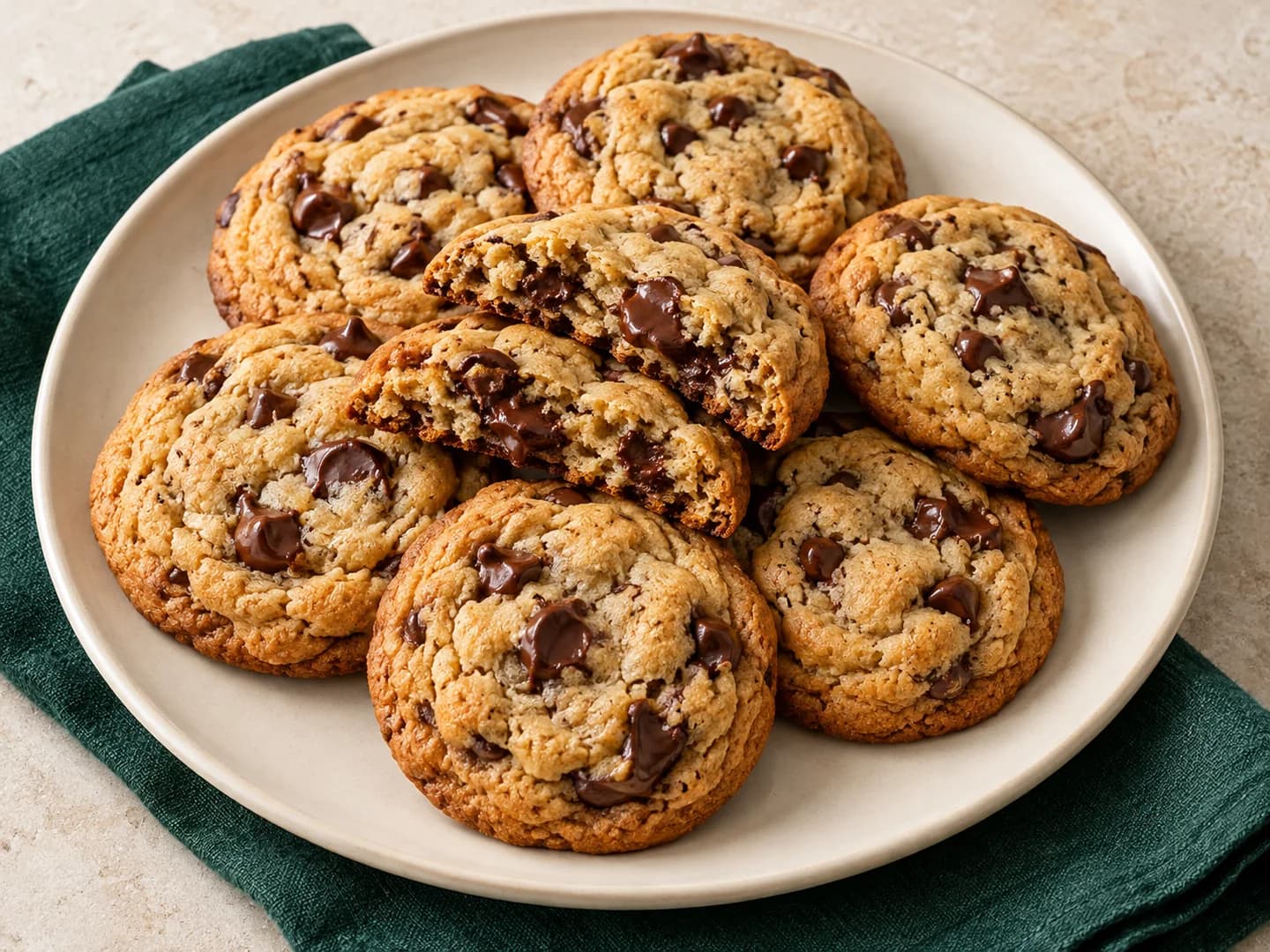 Chocolate chip cookies transcribed from our handwritten kitchen notebook, styled with warm cream ceramic and deep-green tableware.