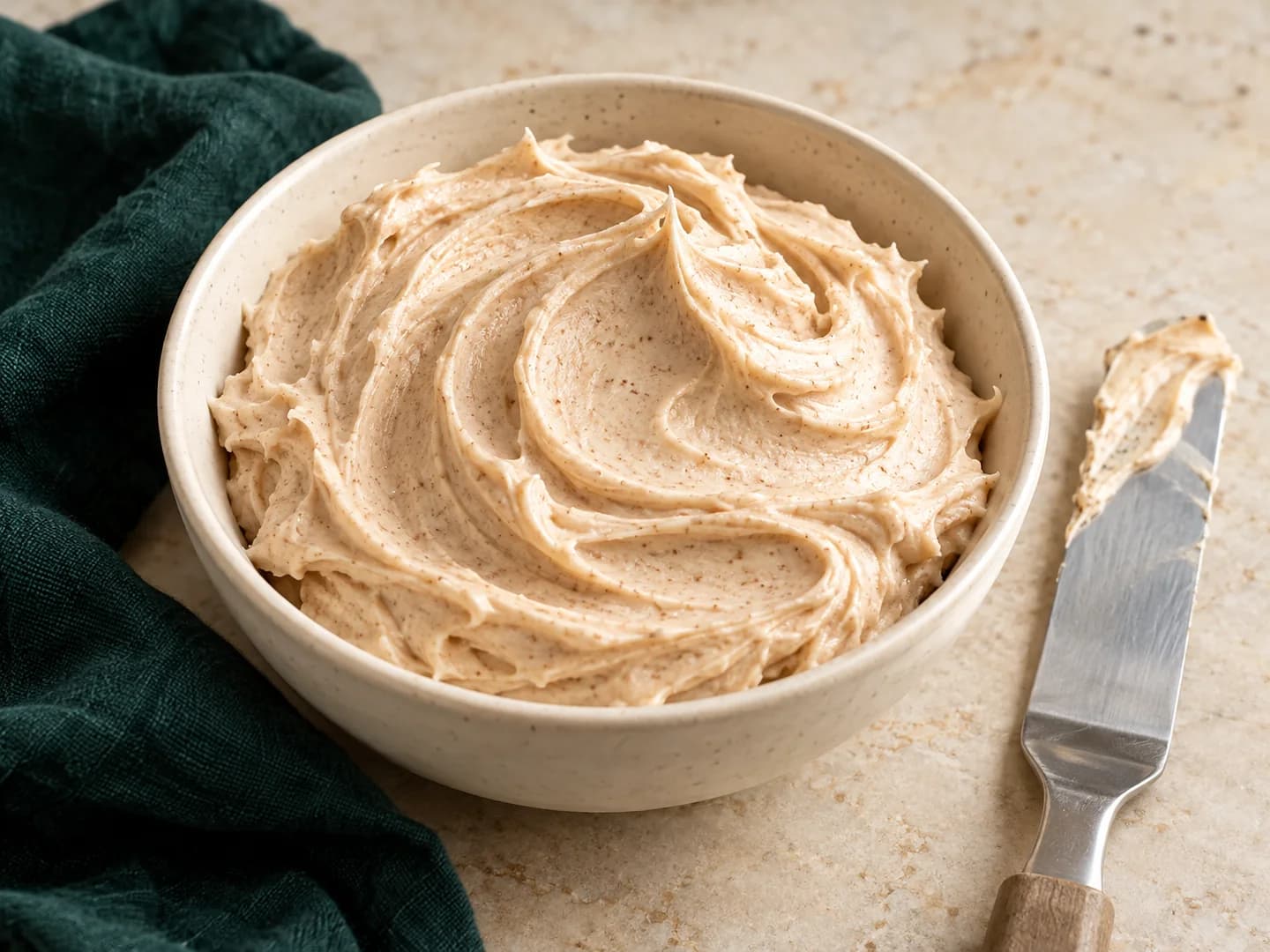 A maple-sweetened cinnamon cream cheese frosting, styled with warm cream ceramic and deep-green tableware.