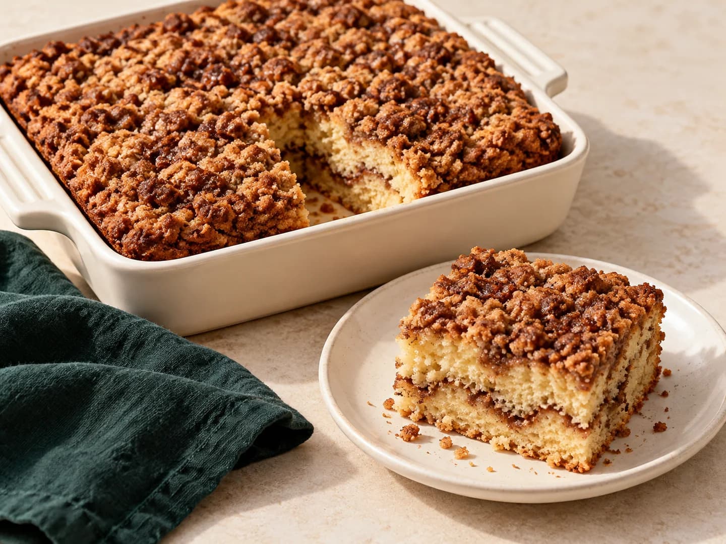 A layered cinnamon coffee cake with brown-sugar topping, styled with warm cream ceramic and deep-green tableware.