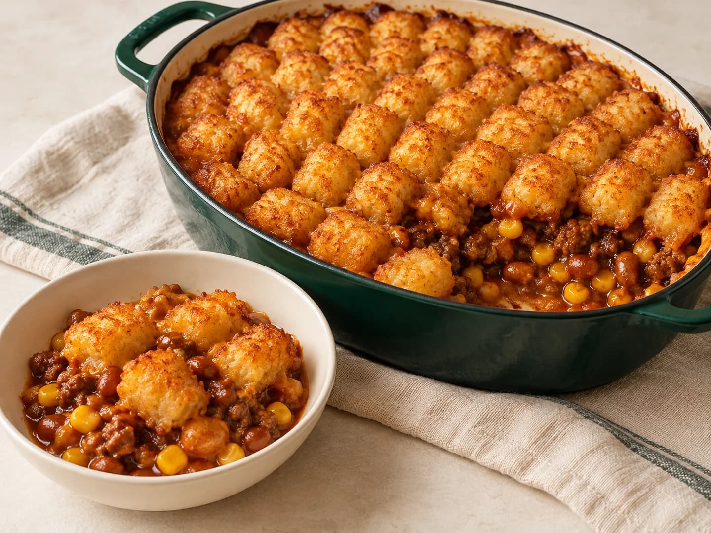 Ground beef, corn, baked beans, barbecue sauce, and tater tots baked as a casserole, styled with warm cream ceramic and deep-green tableware.