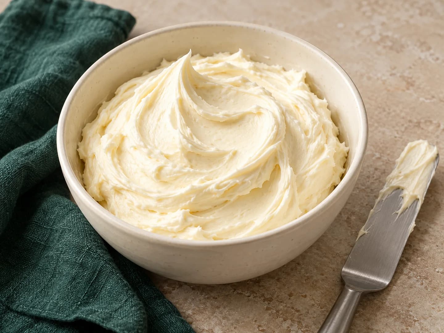 A four-ingredient cream cheese frosting, styled with warm cream ceramic and deep-green tableware.