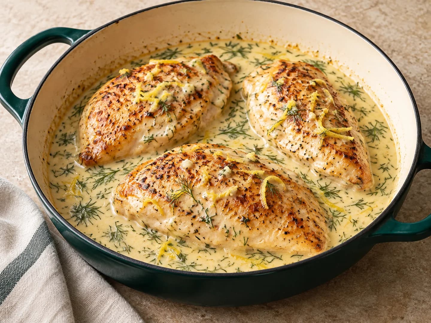 Skillet chicken in a creamy garlic, lemon, and dill sauce, styled with warm cream ceramic and deep-green tableware.