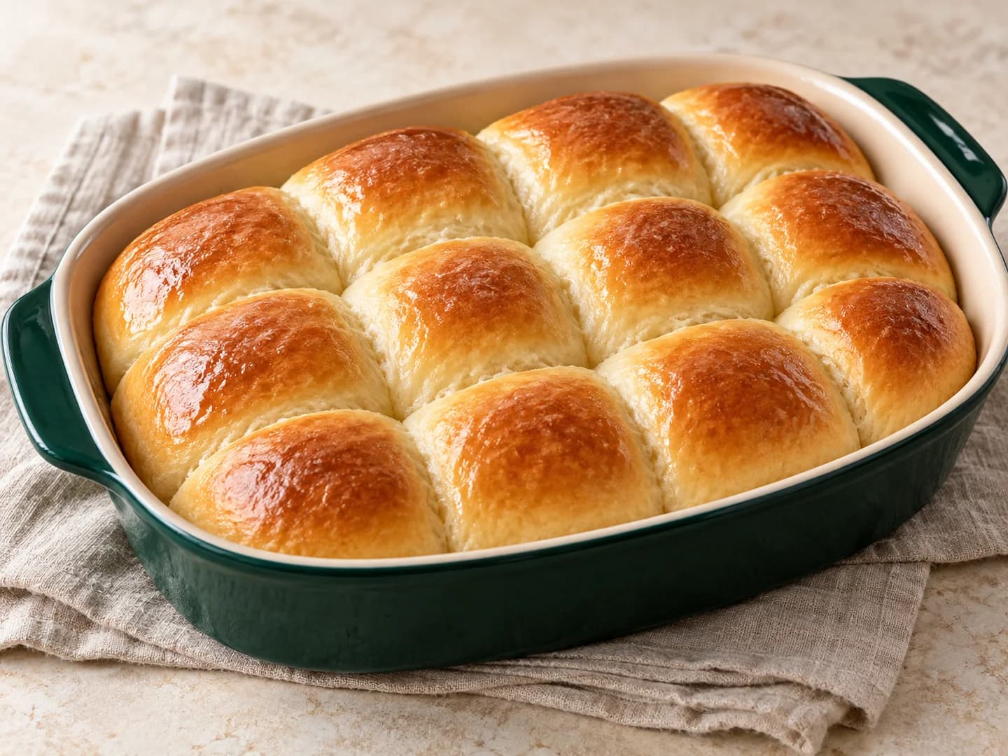 Soft homemade dinner rolls with honey and butter, styled with warm cream ceramic and deep-green tableware.