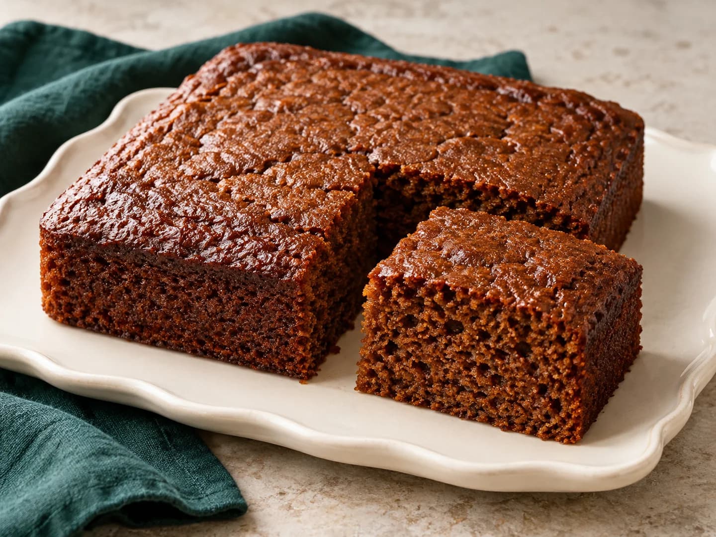 A warmly spiced gingerbread cake made with molasses and applesauce, styled with warm cream ceramic and deep-green tableware.