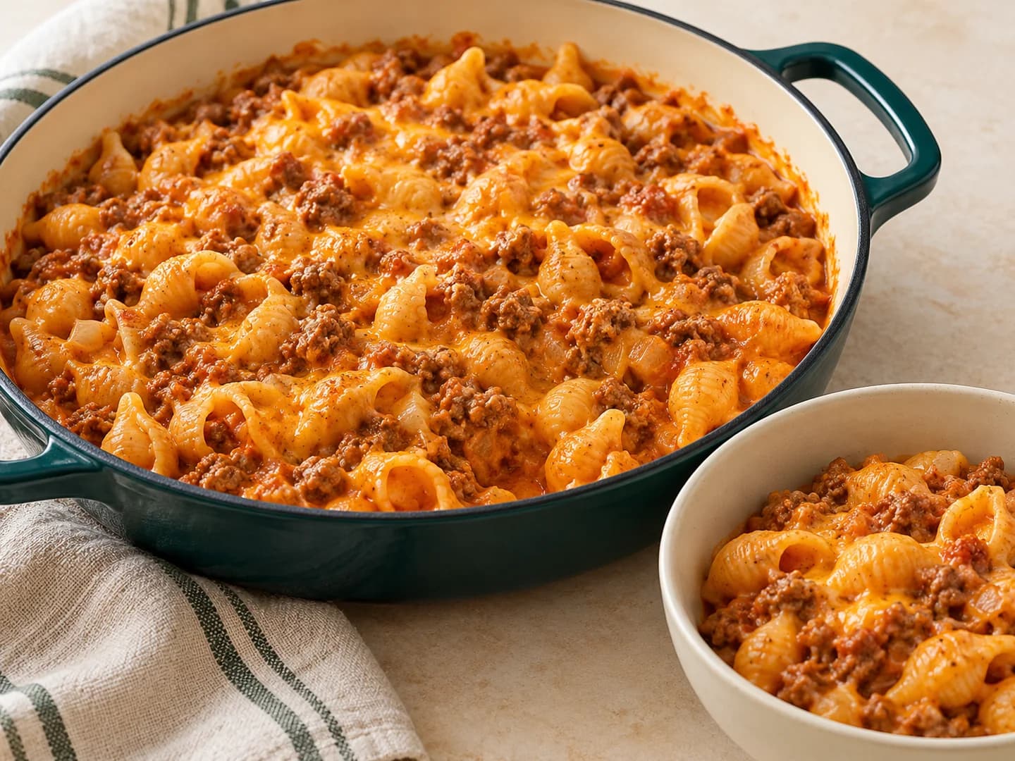 A one-pan ground beef and pasta dinner with cheddar and cream, styled with warm cream ceramic and deep-green tableware.