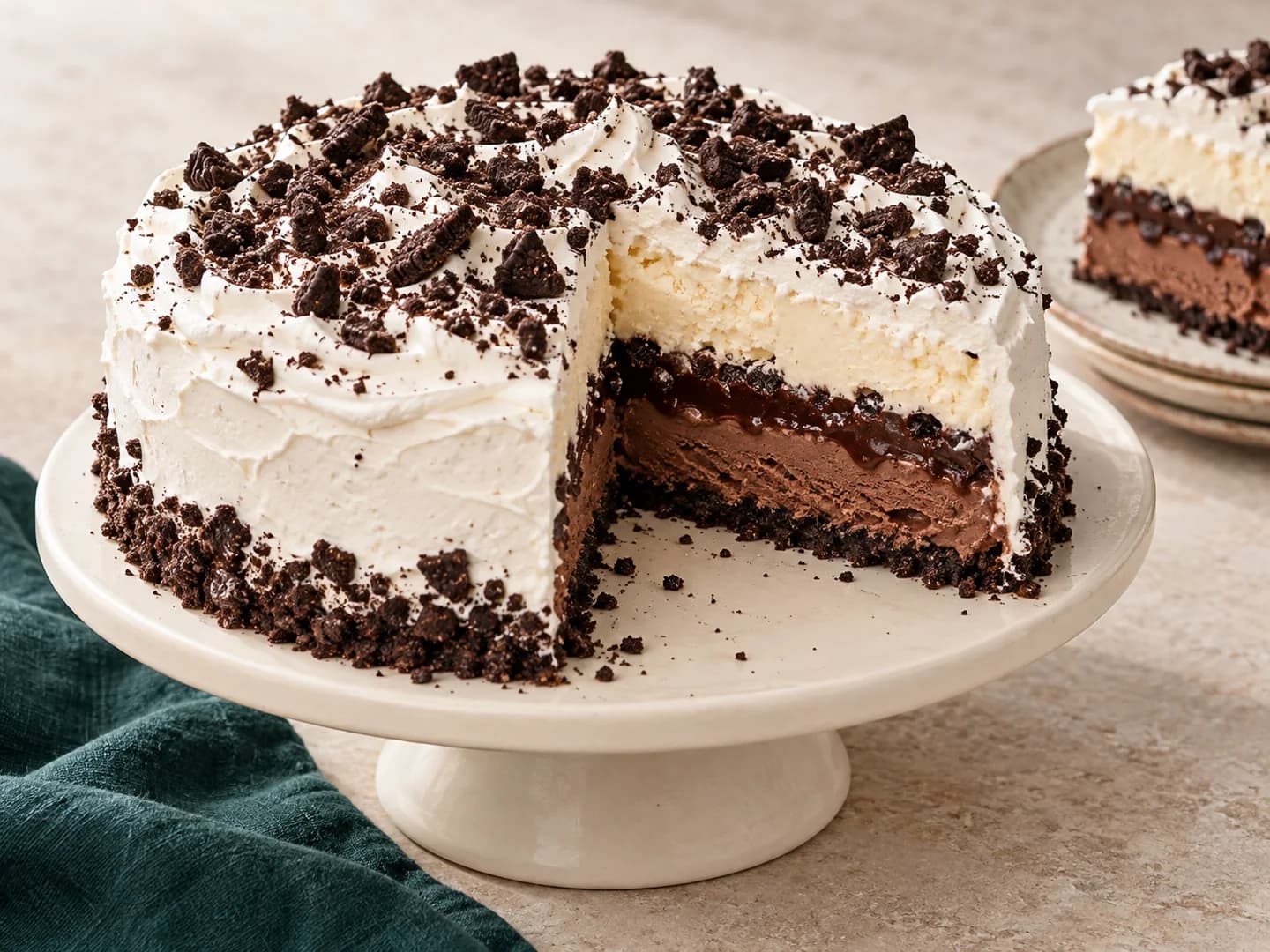 Layered chocolate and vanilla ice cream cake with an Oreo crust and fudge topping, styled with warm cream ceramic and deep-green tableware.