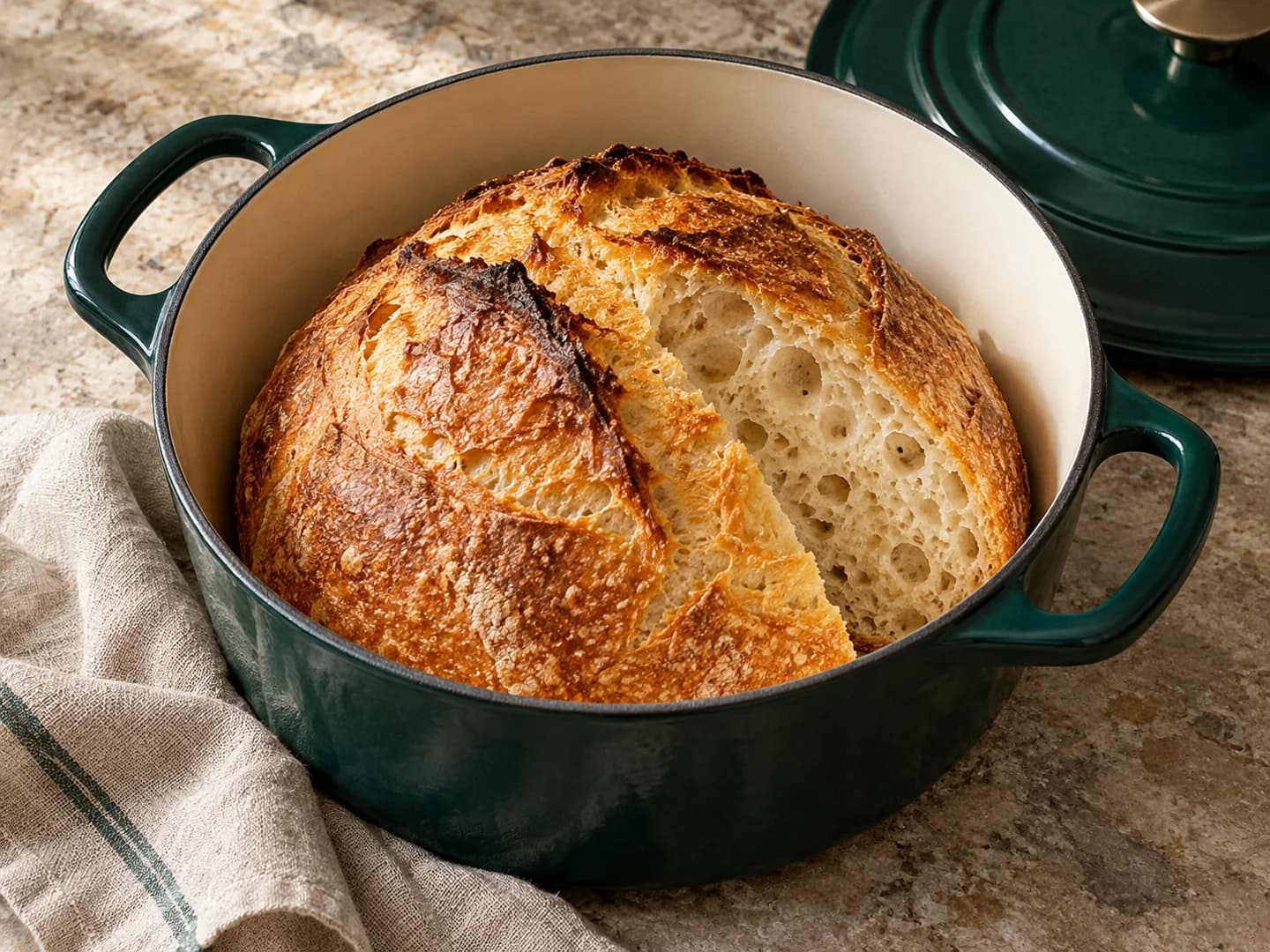 A simple no-knead artisan loaf baked in a Dutch oven, styled with warm cream ceramic and deep-green tableware.
