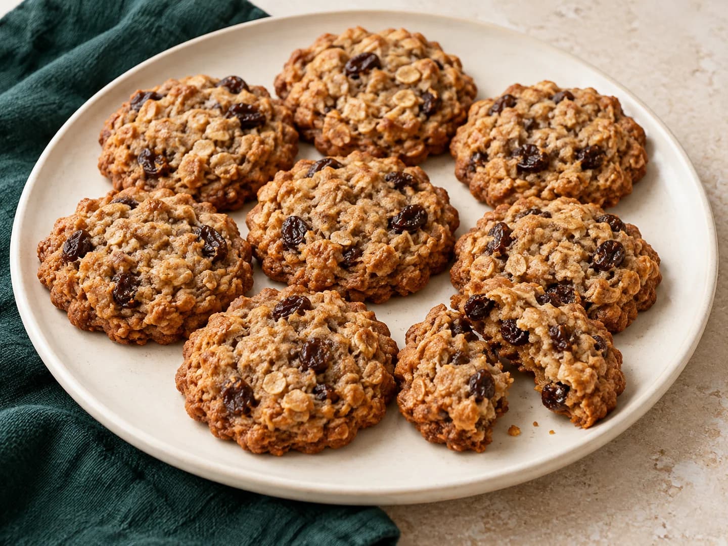 Oatmeal raisin cookies with brown sugar and cinnamon, styled with warm cream ceramic and deep-green tableware.