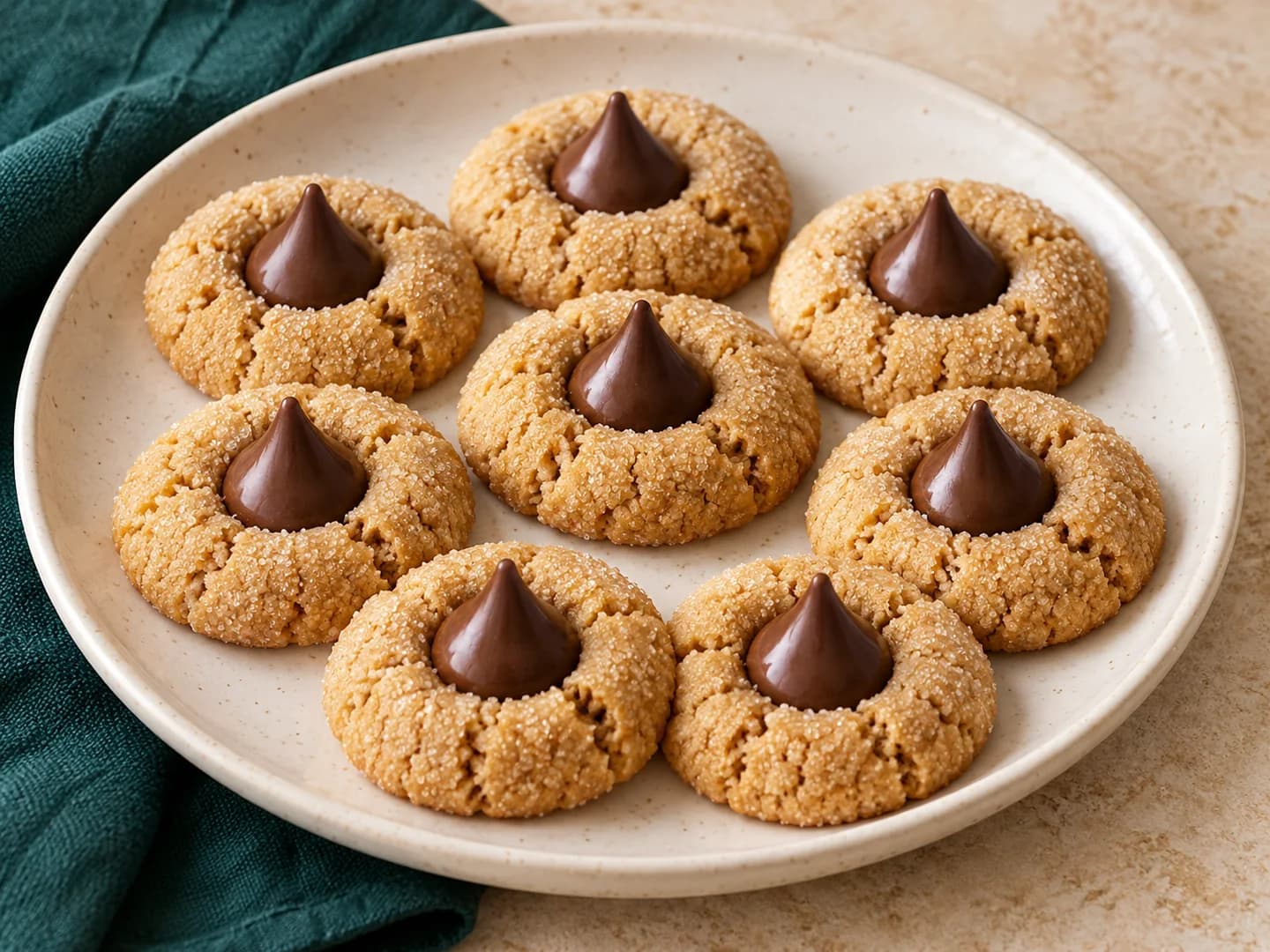 Peanut butter blossom cookies topped with chocolate kisses, styled with warm cream ceramic and deep-green tableware.