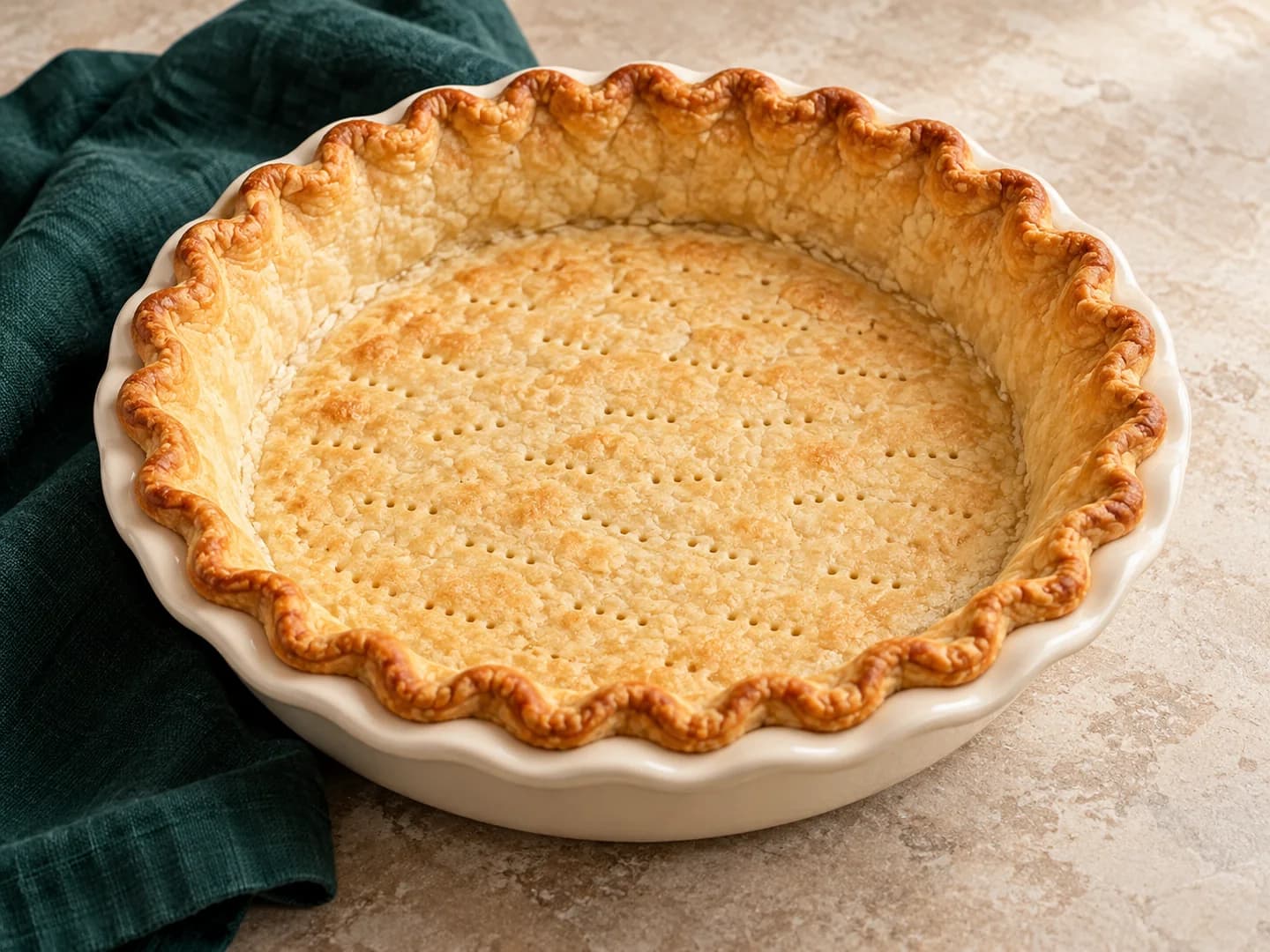 A simple butter pie crust mixed with cold milk, styled with warm cream ceramic and deep-green tableware.