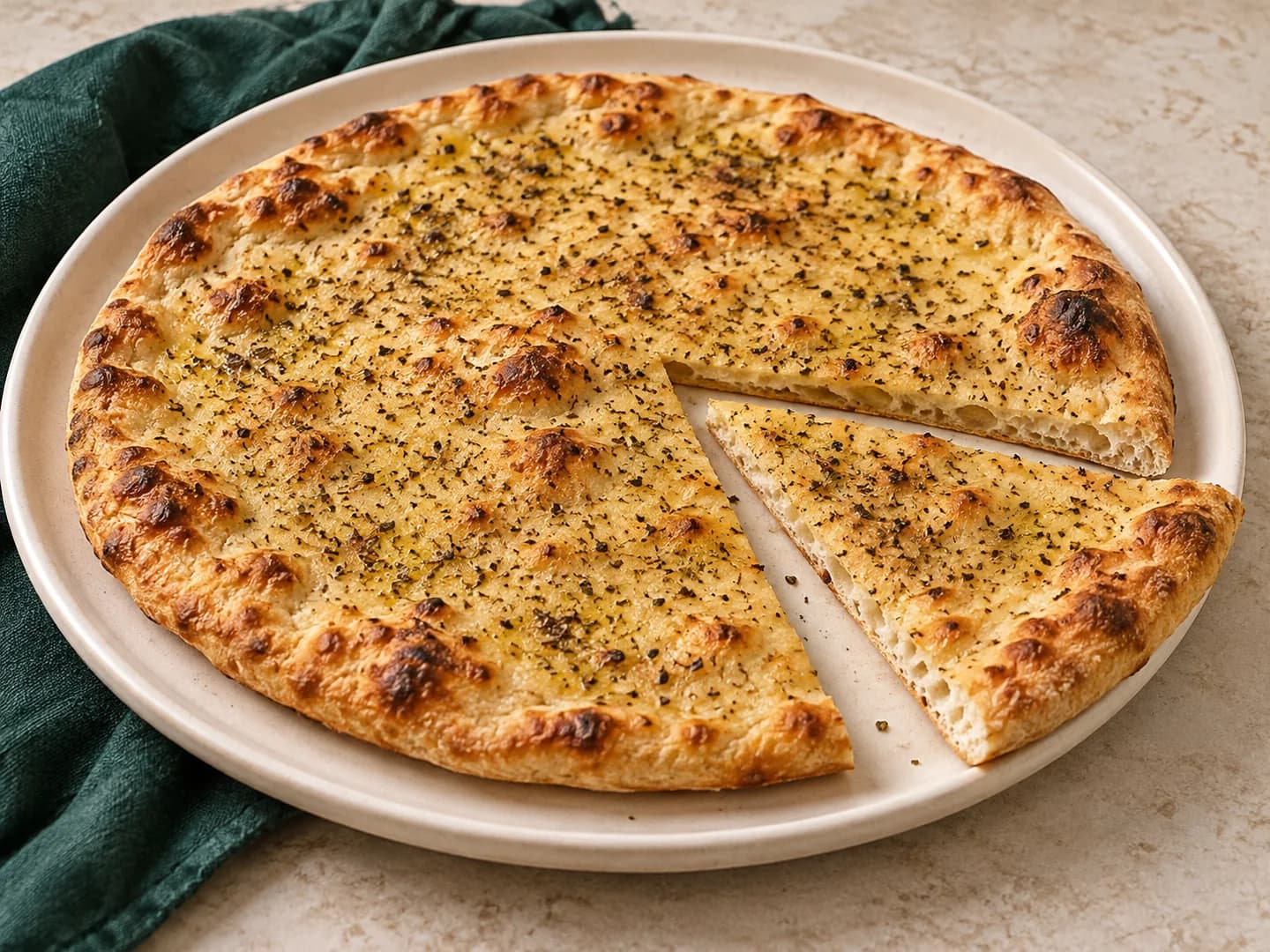 A seasoned homemade pizza dough with a one-hour rise, styled with warm cream ceramic and deep-green tableware.