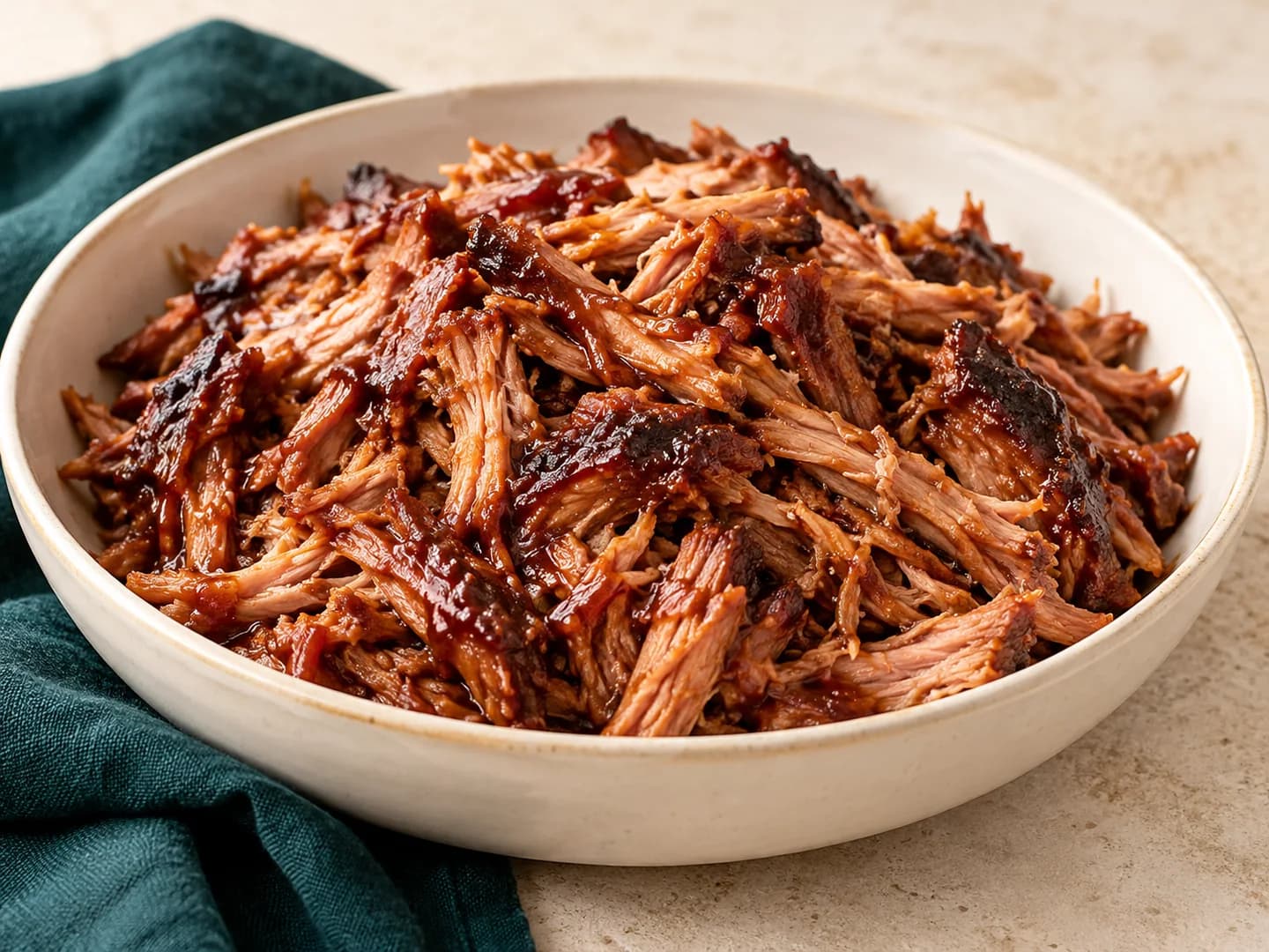 Pressure-cooker pulled pork with a smoky dry rub and barbecue sauce, styled with warm cream ceramic and deep-green tableware.