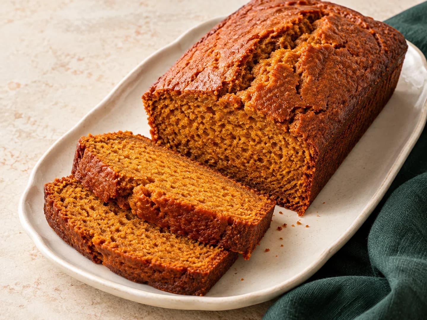Spiced pumpkin bread with an optional chocolate-chip topping, styled with warm cream ceramic and deep-green tableware.