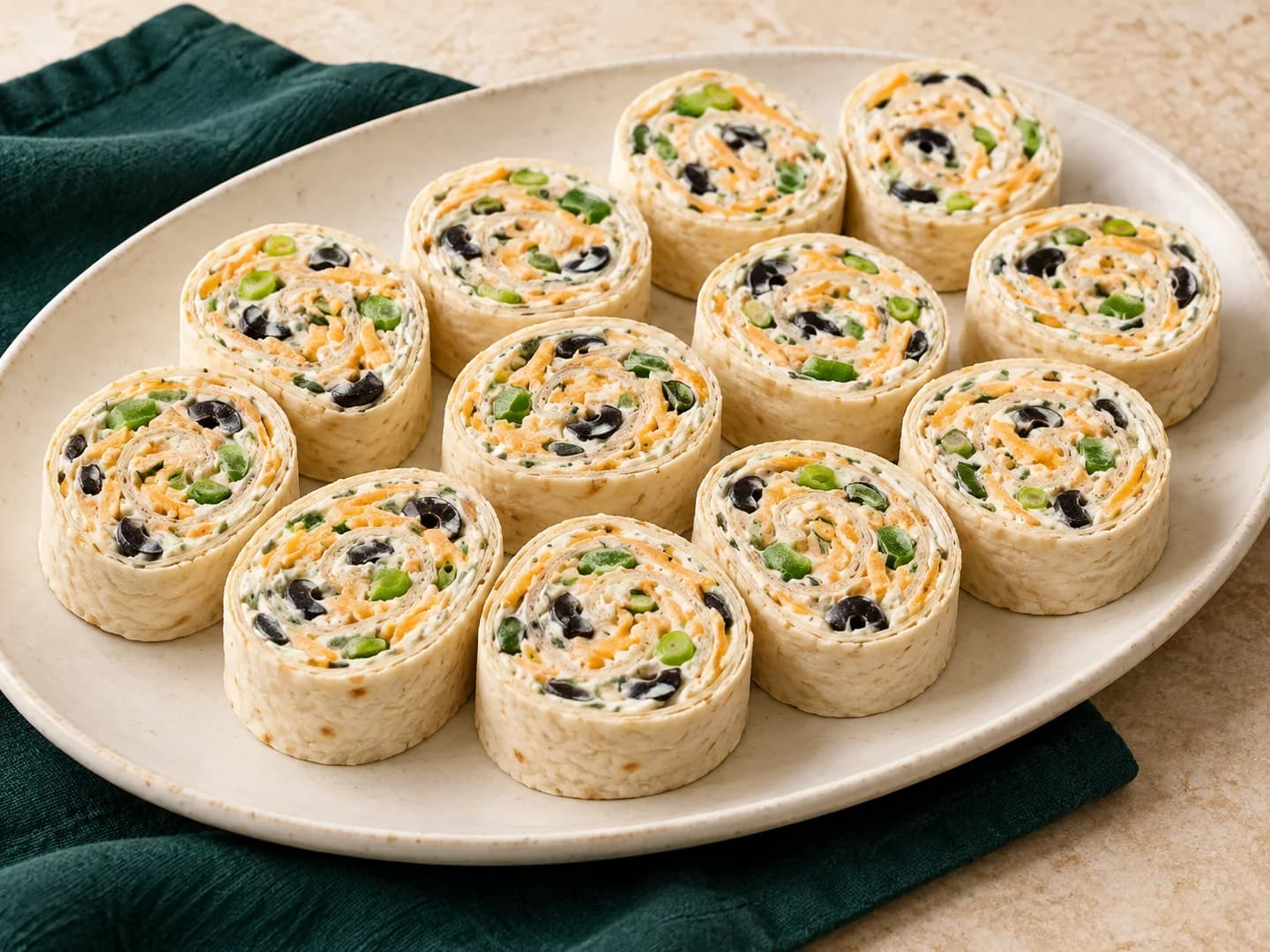 Chilled cream cheese and ranch tortilla roll-ups with vegetables and cheddar, styled with warm cream ceramic and deep-green tableware.