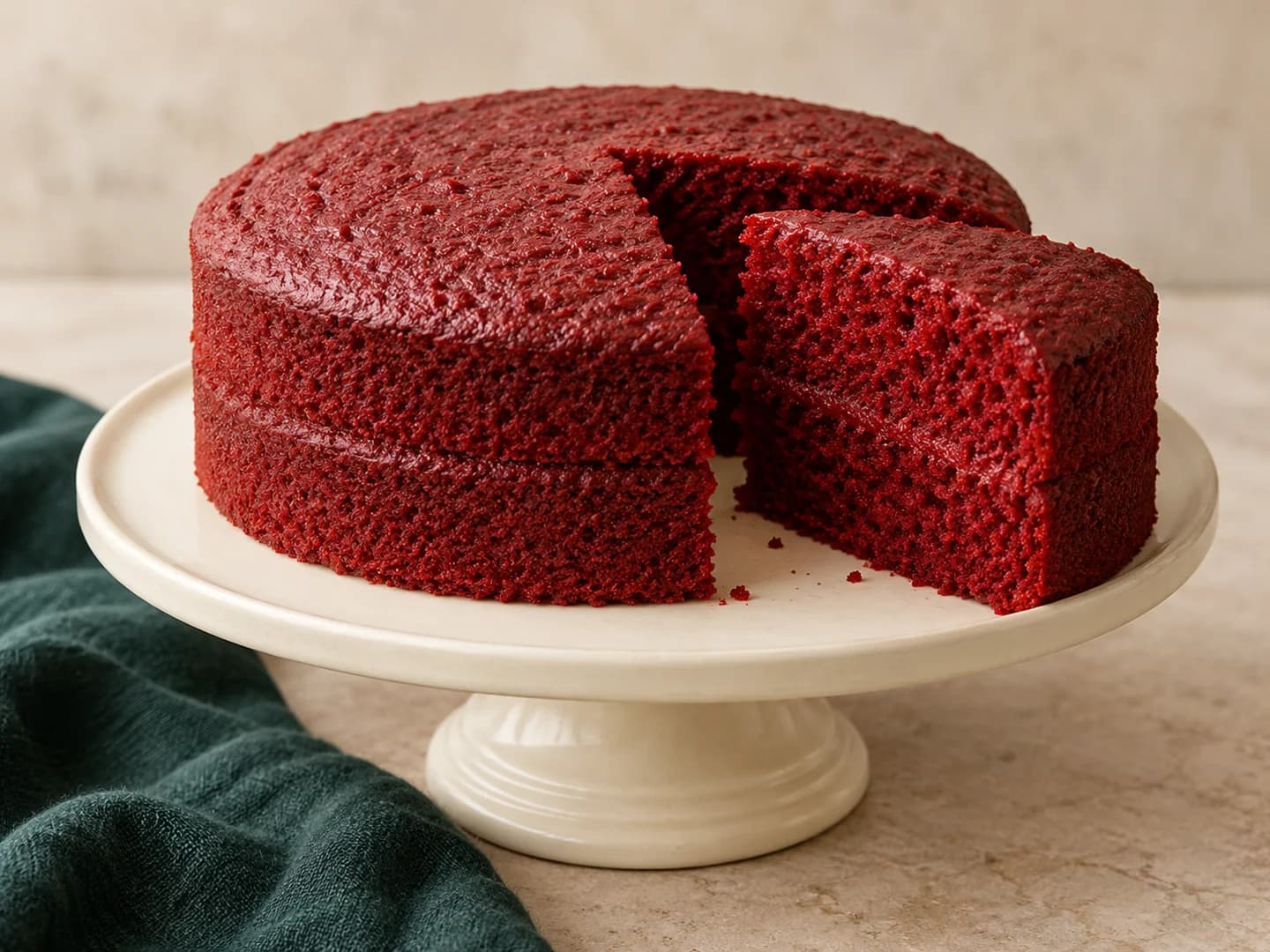 Red velvet cake batter that can also be baked as cupcakes, styled with warm cream ceramic and deep-green tableware.