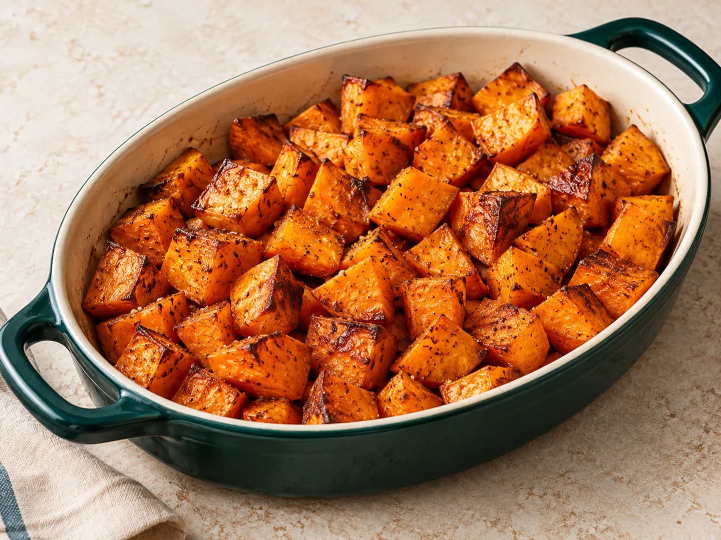 Simple oven-roasted sweet potatoes with optional garlic salt, styled with warm cream ceramic and deep-green tableware.