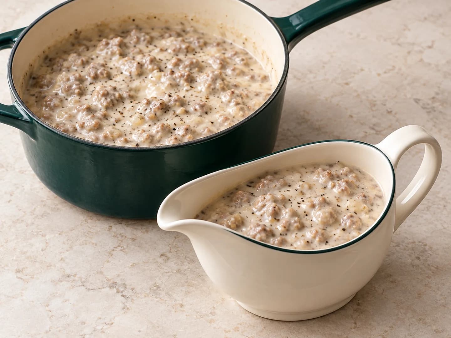 Creamy sausage gravy with black-pepper flecks in deep-green and warm cream cookware.