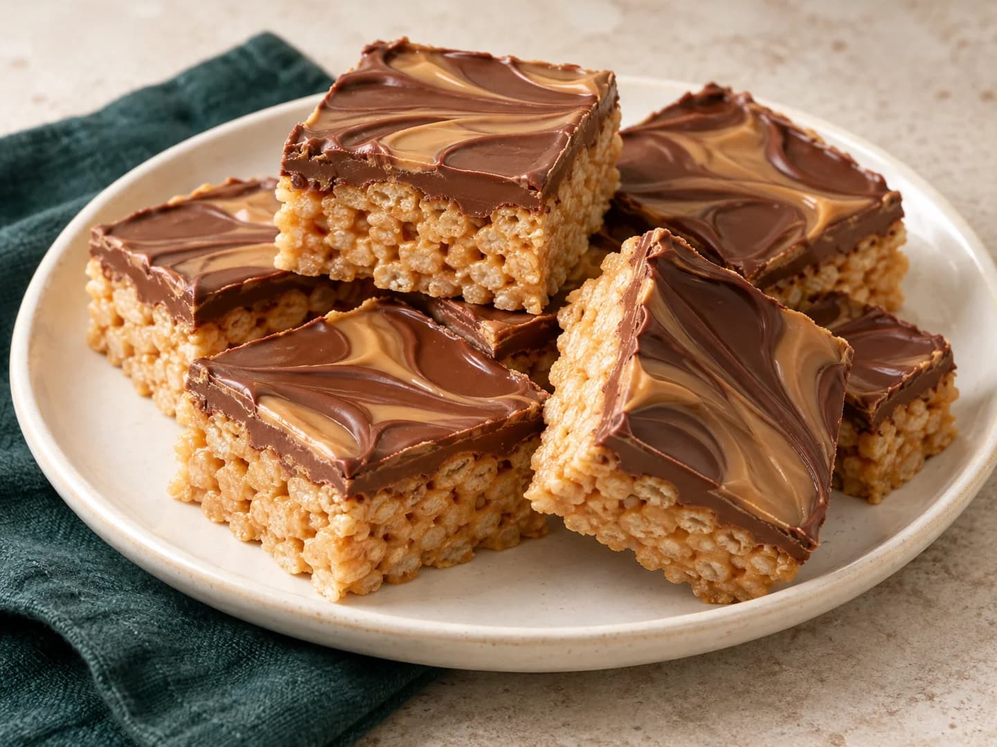 Peanut butter cereal bars topped with chocolate and butterscotch, styled with warm cream ceramic and deep-green tableware.