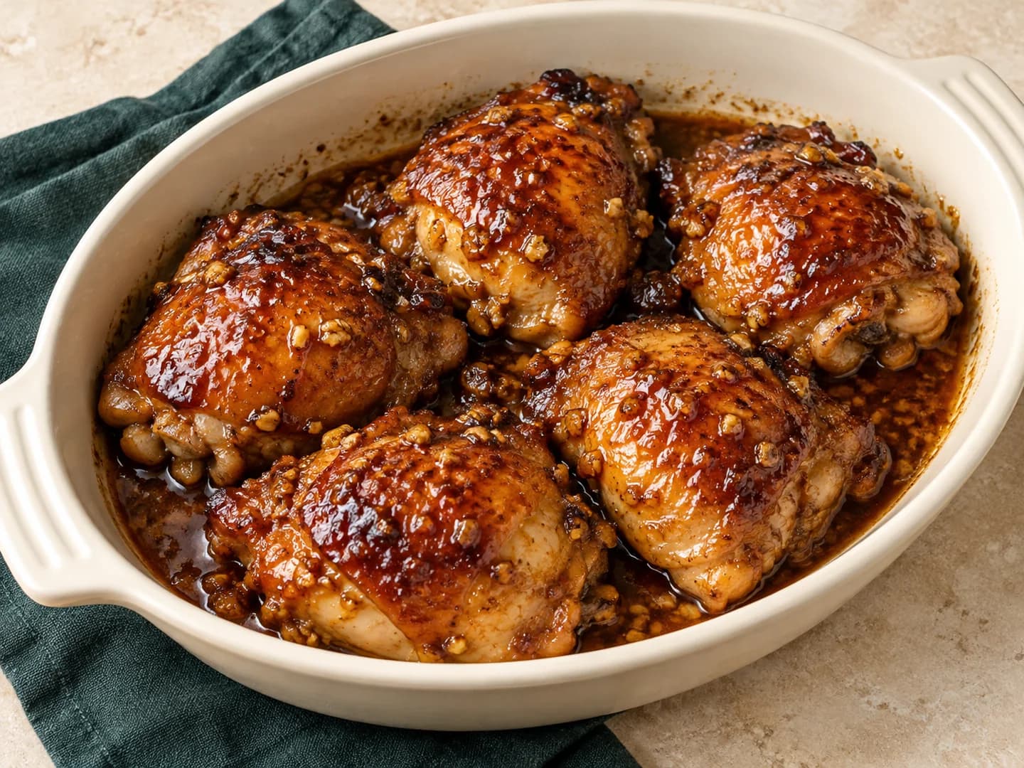 Five-ingredient slow cooker chicken thighs with brown sugar and garlic, styled with warm cream ceramic and deep-green tableware.