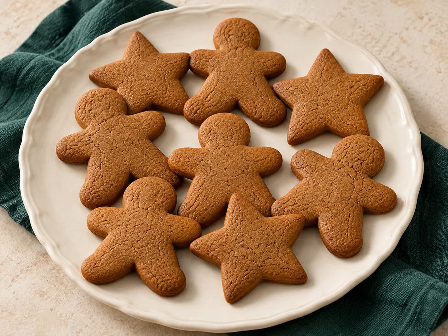 Soft gingerbread cookies with molasses and warm spices, transcribed from our kitchen notebook, styled with warm cream ceramic and deep-green tableware.