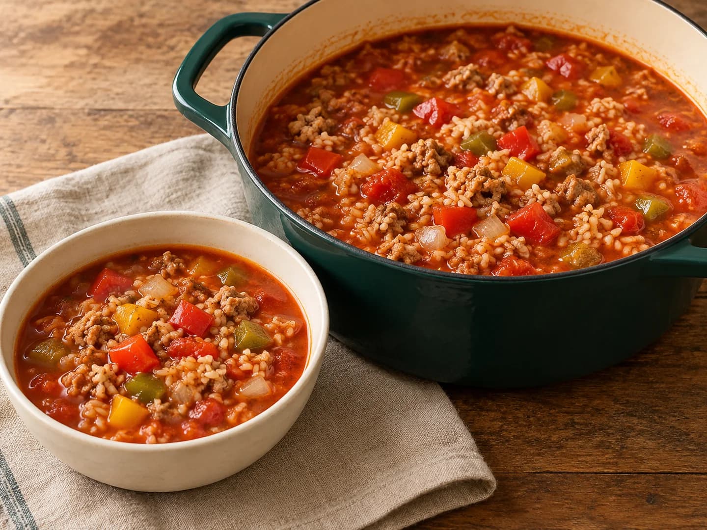 A tomato-based stuffed pepper soup with ground turkey and brown rice, styled with warm cream ceramic and deep-green tableware.