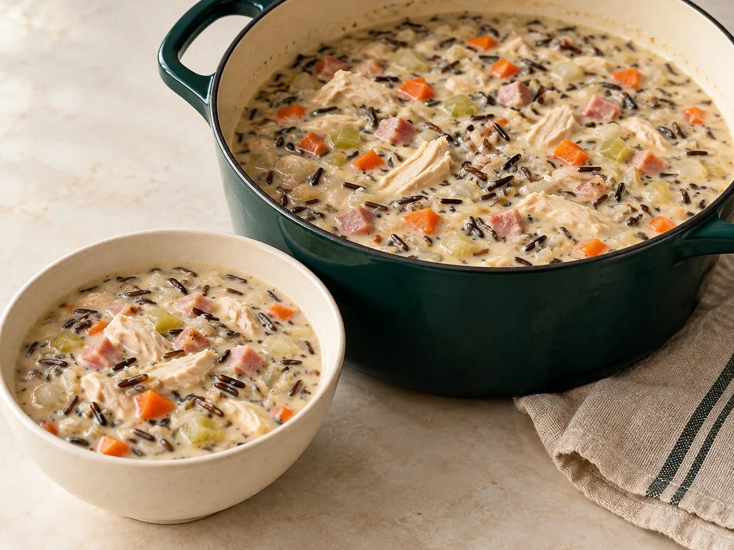 Creamy wild rice soup with chicken, ham, vegetables, and half-and-half, styled with warm cream ceramic and deep-green tableware.